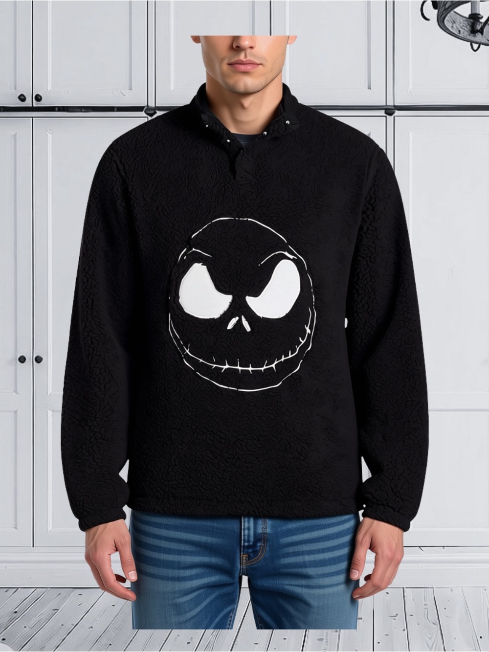 Disney Men's Sherpa Fleece Pullover with White Jack Skellington Graphic Sz Small